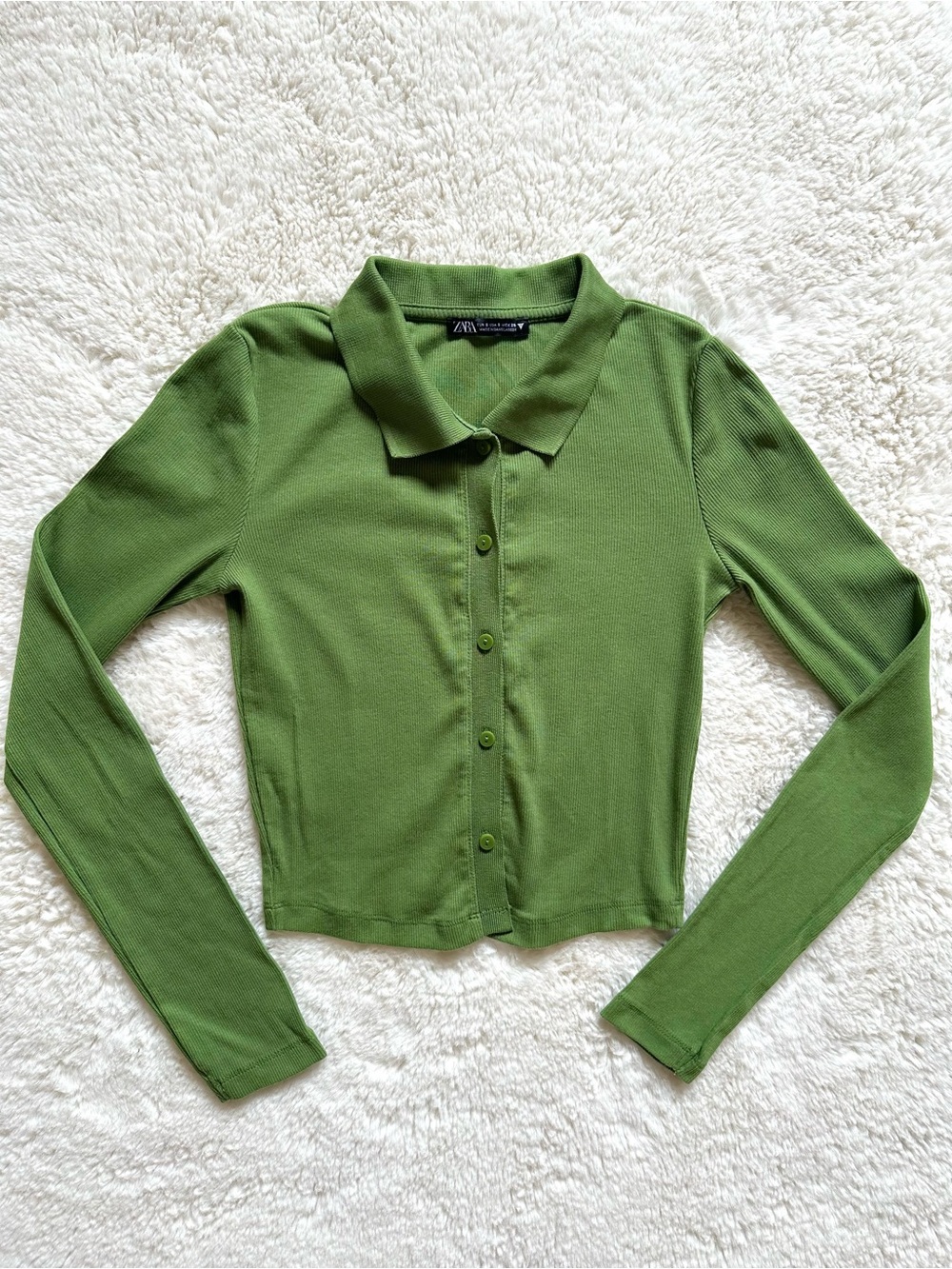 Zara Women’s Green Long Sleeve Collared Ribbed Top Size Small